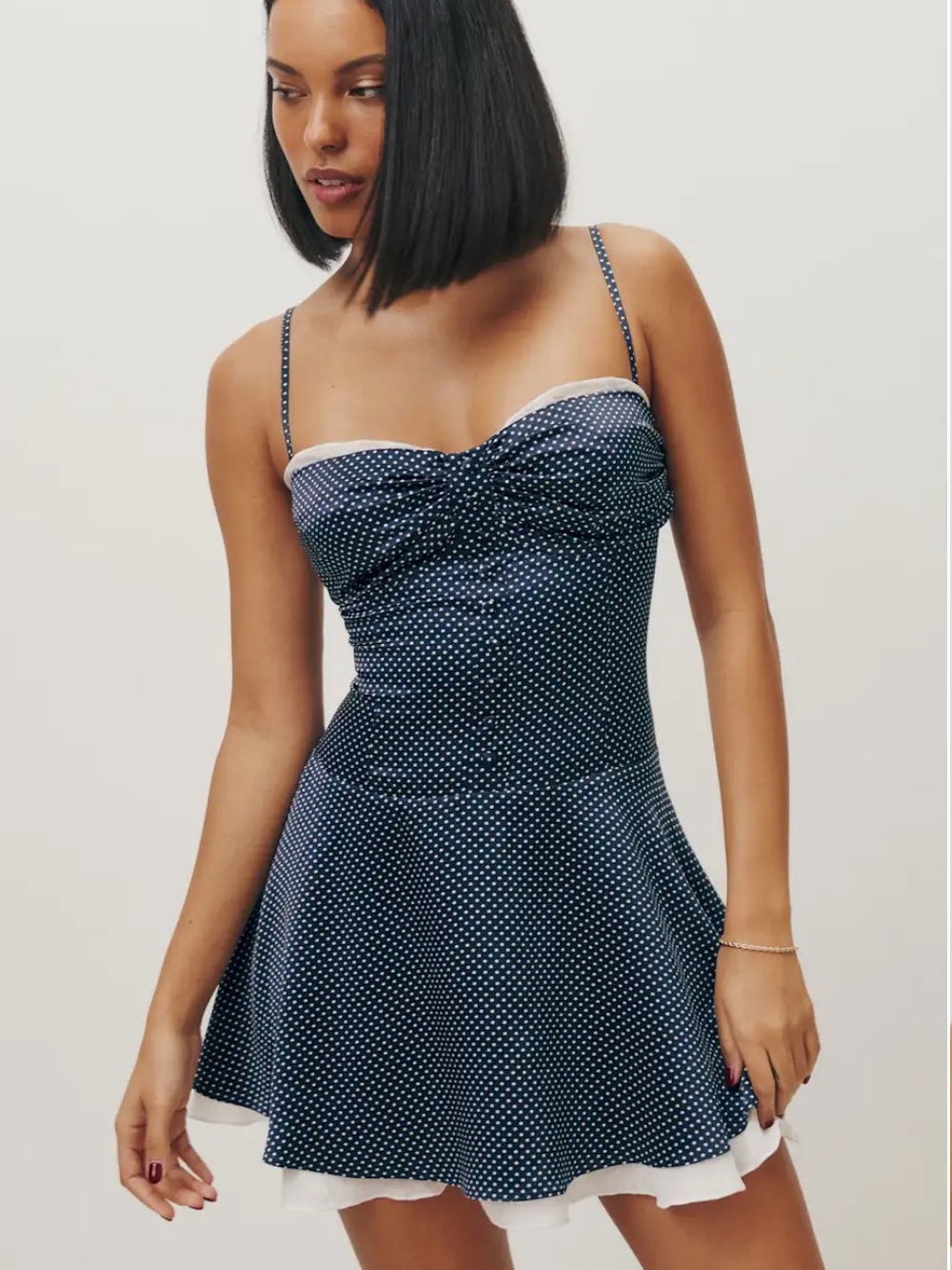 Reformation Navy Ursula silk Polka Dot Mini Sundress with White Trim